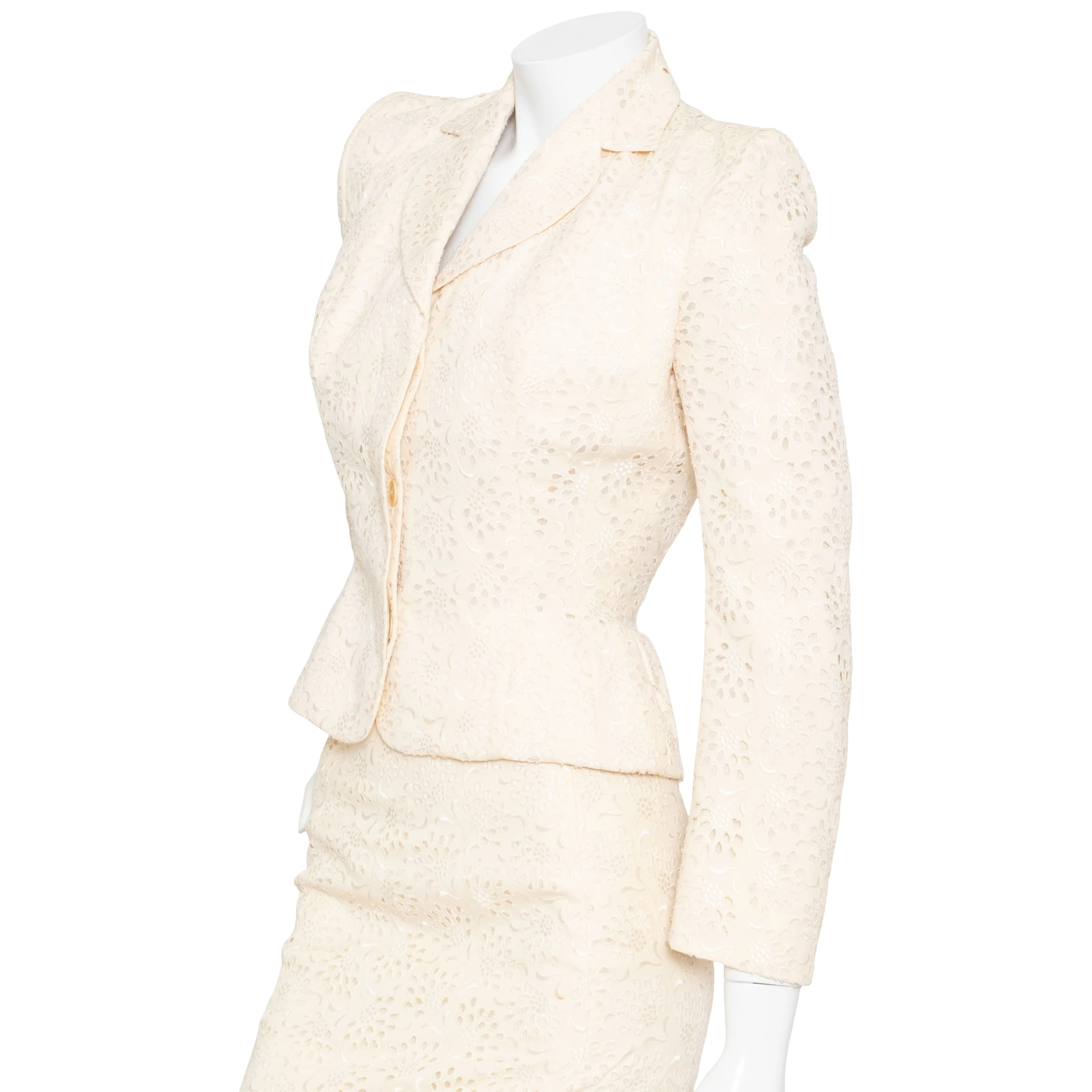 1996 Ivory Broderie Anglaise Skirt Suit