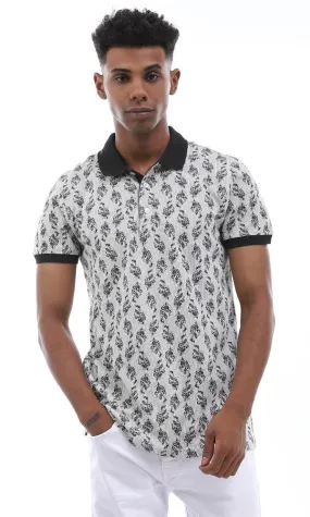 95007 Printed Striped & Leaves Buttoned Off White & Black Polo Shirt