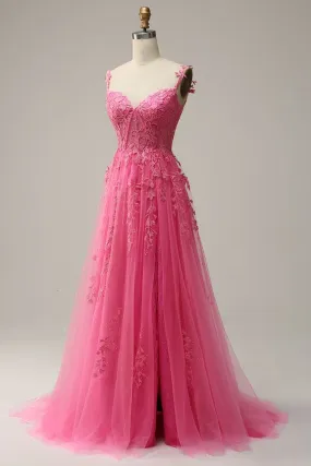 A Line Spaghetti Straps Lace Hot Pink Prom Dress with Appliques Y4487