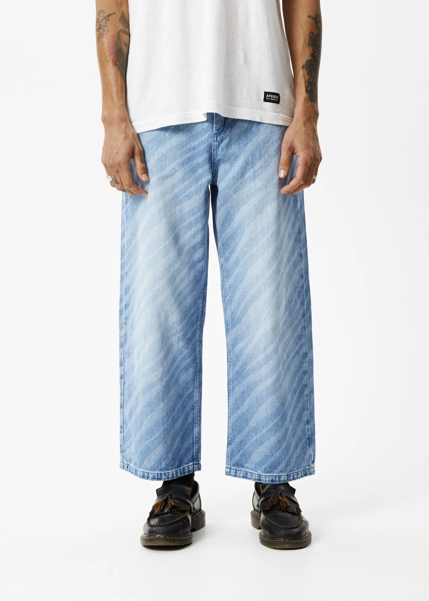 AFENDS Mens Pablo Atmosphere - Denim Baggy Jeans - Worn Blue