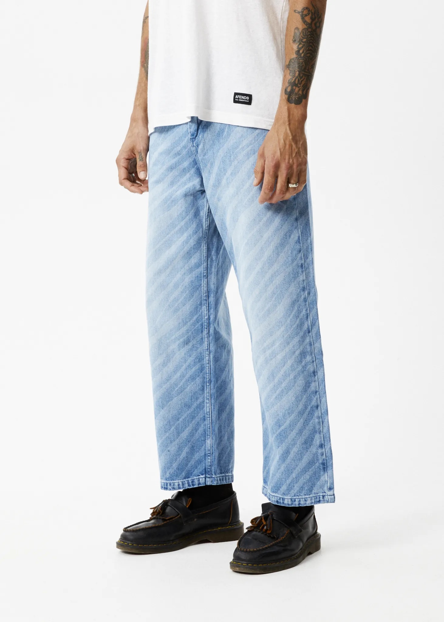 AFENDS Mens Pablo Atmosphere - Denim Baggy Jeans - Worn Blue