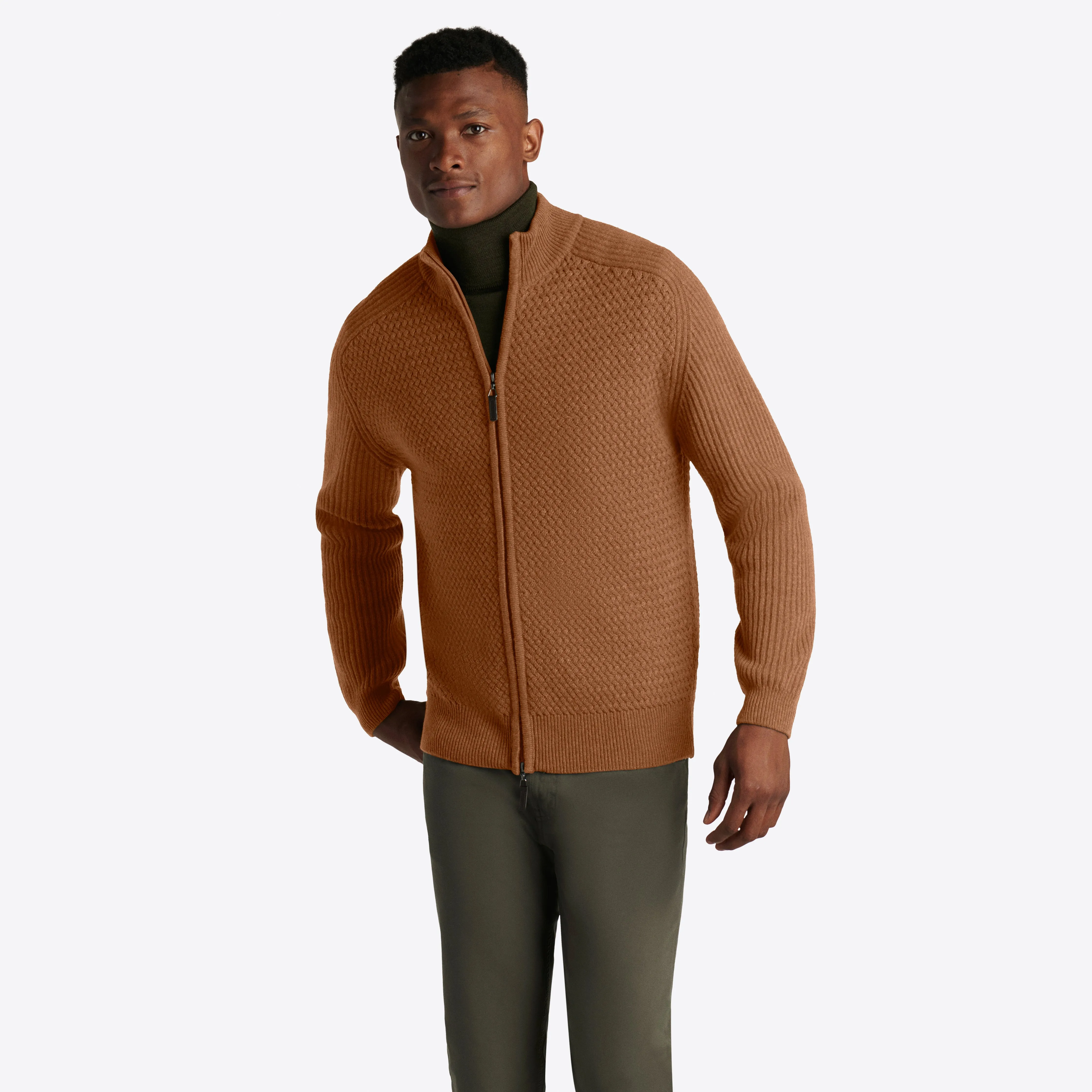 Basketweave Knit Full Zip Mock Neck Sweater