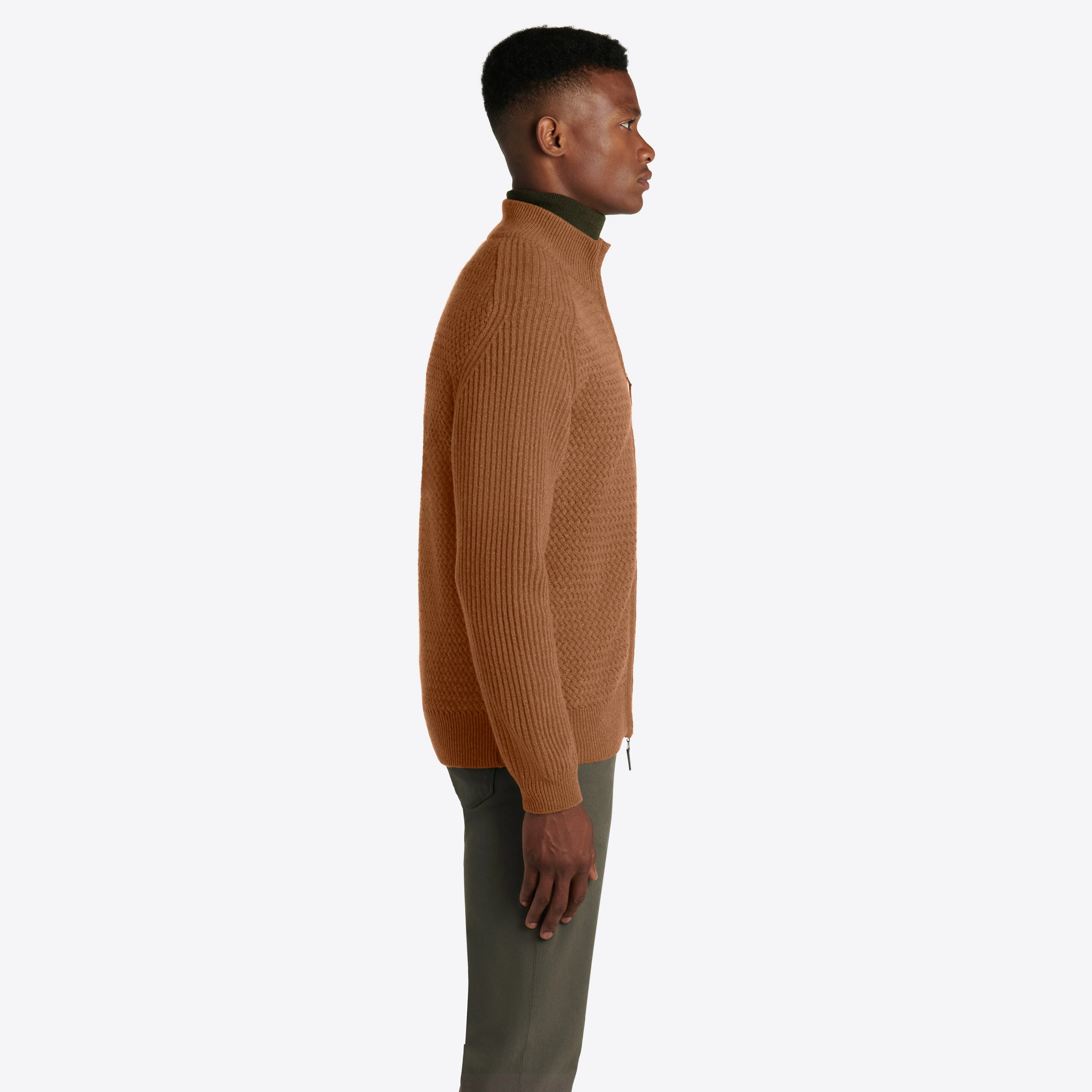 Basketweave Knit Full Zip Mock Neck Sweater