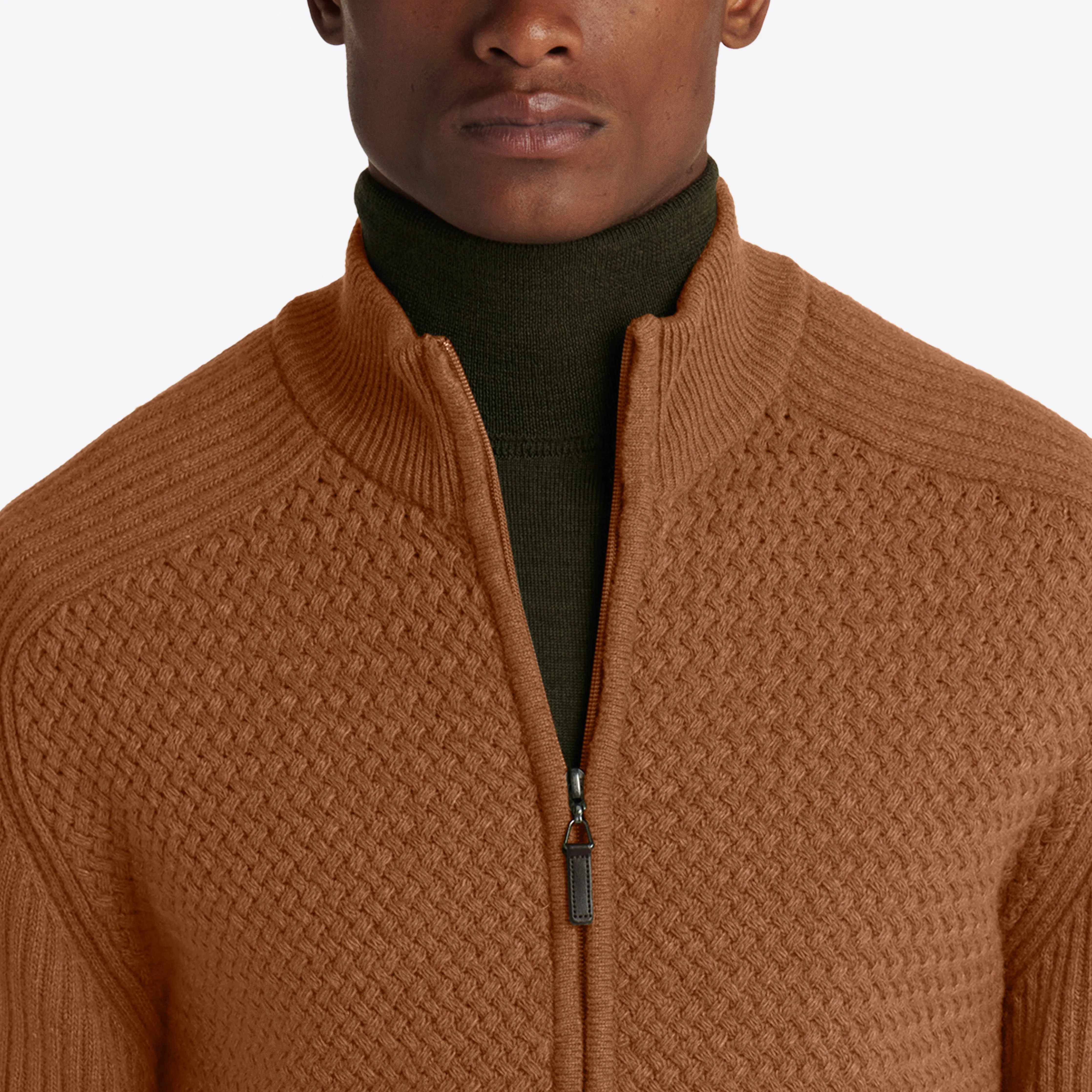 Basketweave Knit Full Zip Mock Neck Sweater