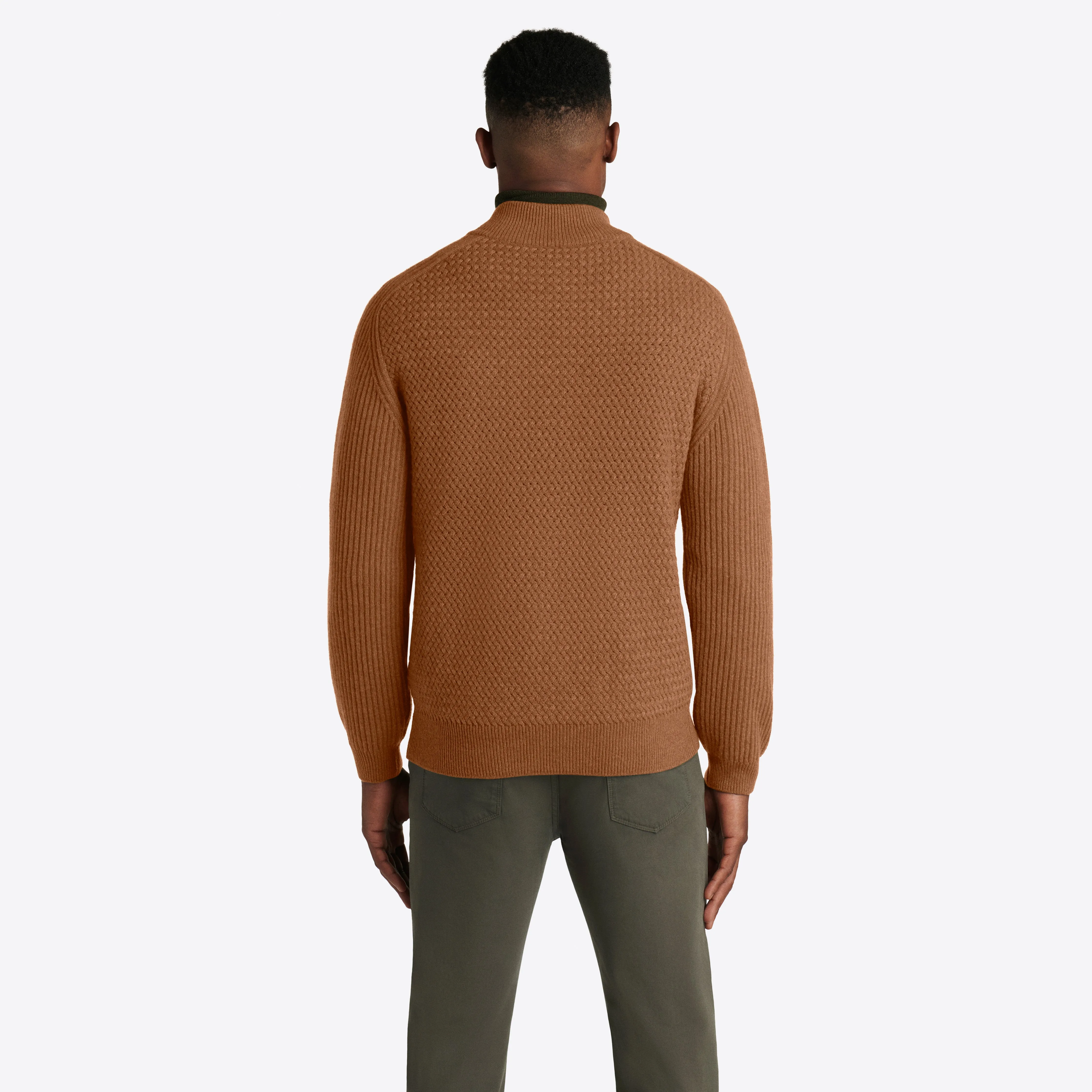 Basketweave Knit Full Zip Mock Neck Sweater