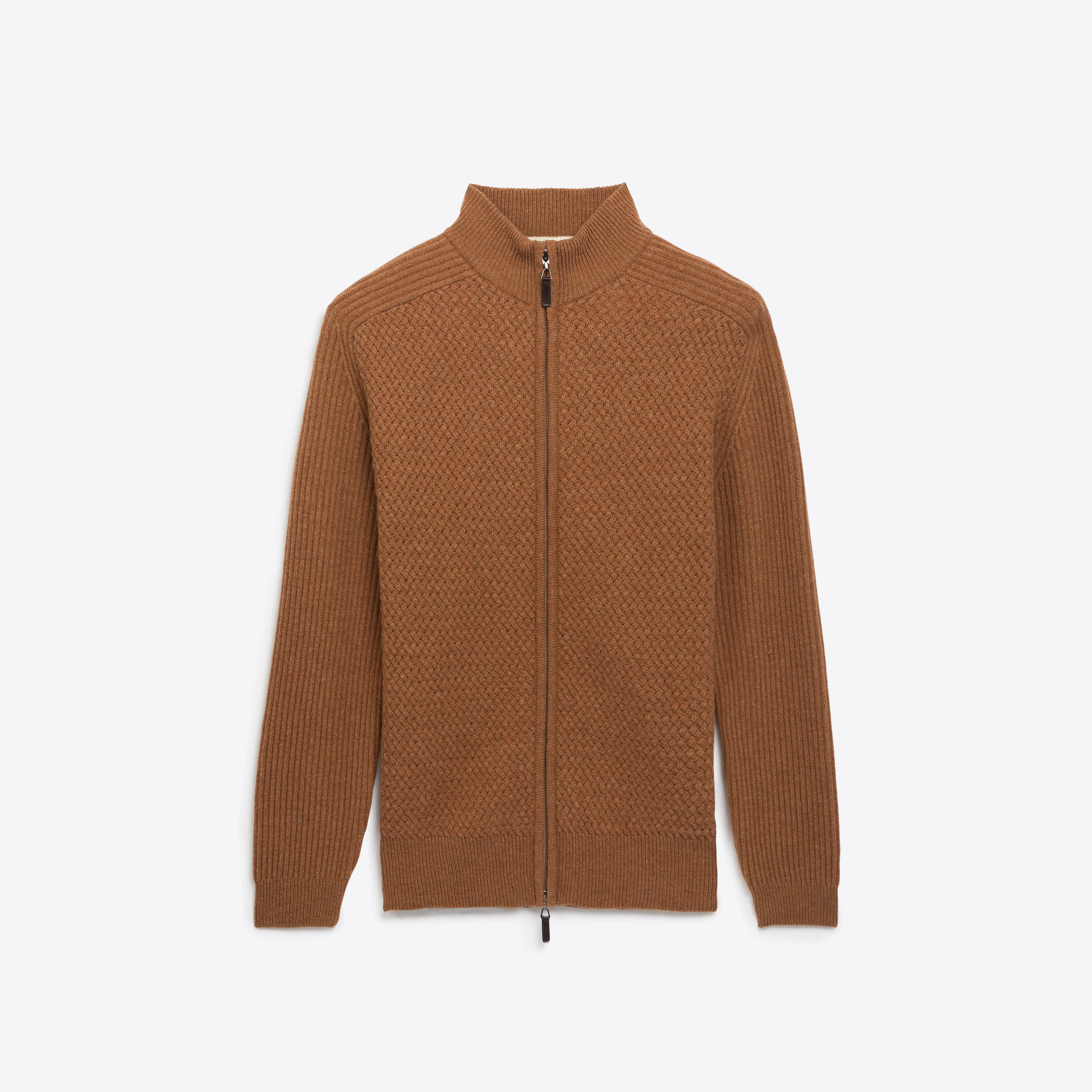 Basketweave Knit Full Zip Mock Neck Sweater