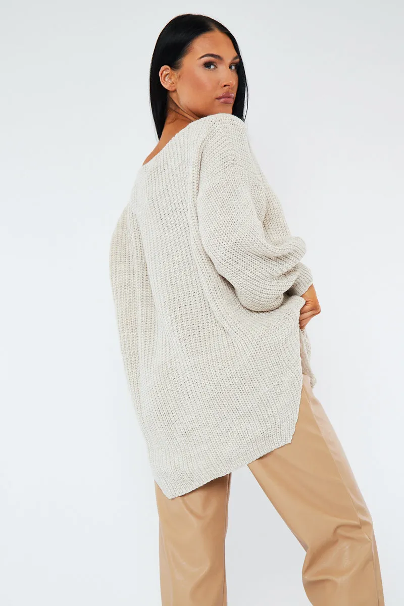 Beige Oversized Knit V Neck Sweater - Evelyn