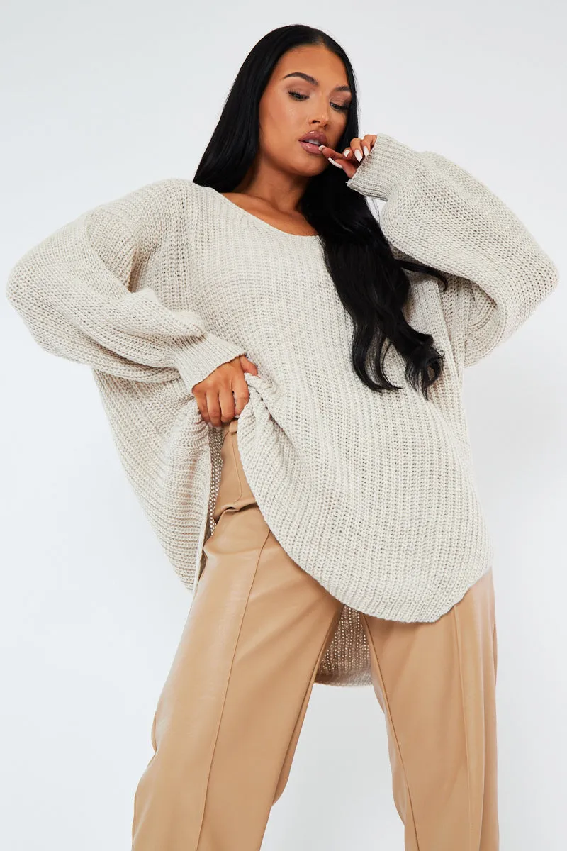 Beige Oversized Knit V Neck Sweater - Evelyn