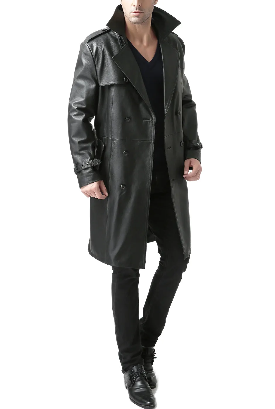 BGSD Monogram Collection Men Classic Leather Long Trench Coat