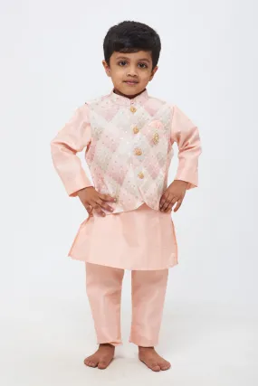 Blush Elegance: Boys Soft Pink Kurta Shirt and Pant Set with Pastel Embroidered Overcoat