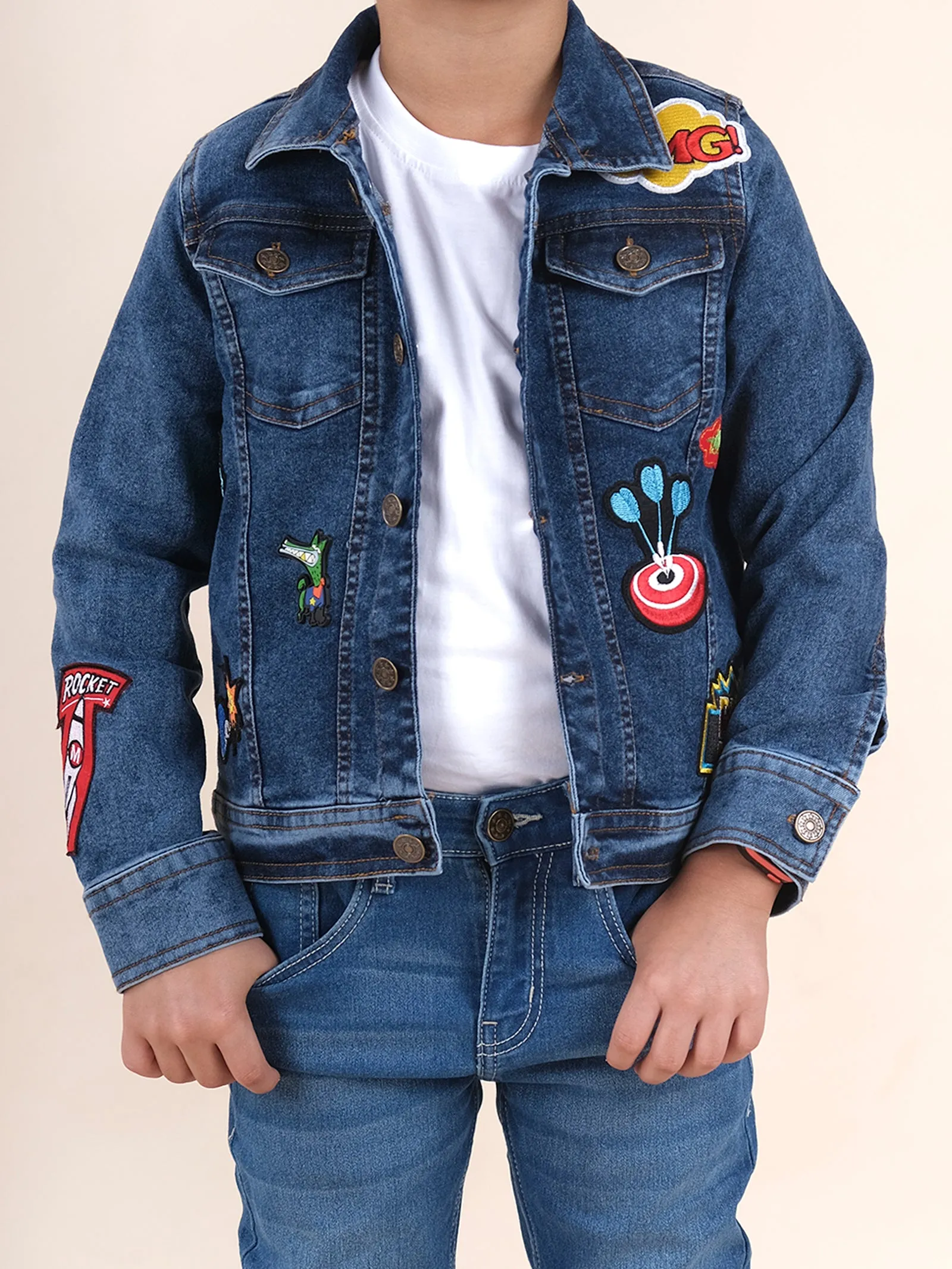 Boys Cotton Half Sleeves Solid T-Shirt With Denim Jeans & Jacket Set