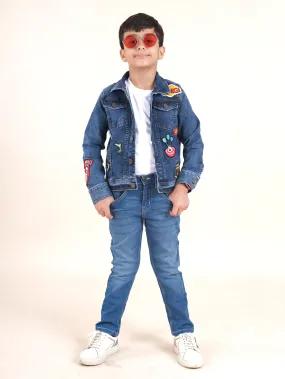 Boys Cotton Half Sleeves Solid T-Shirt With Denim Jeans & Jacket Set