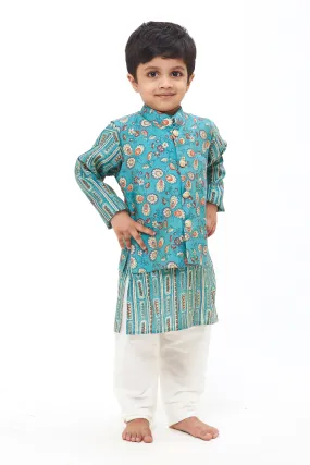 Boys Green Floral Kurta with Overcoat & White Pant Ensemble