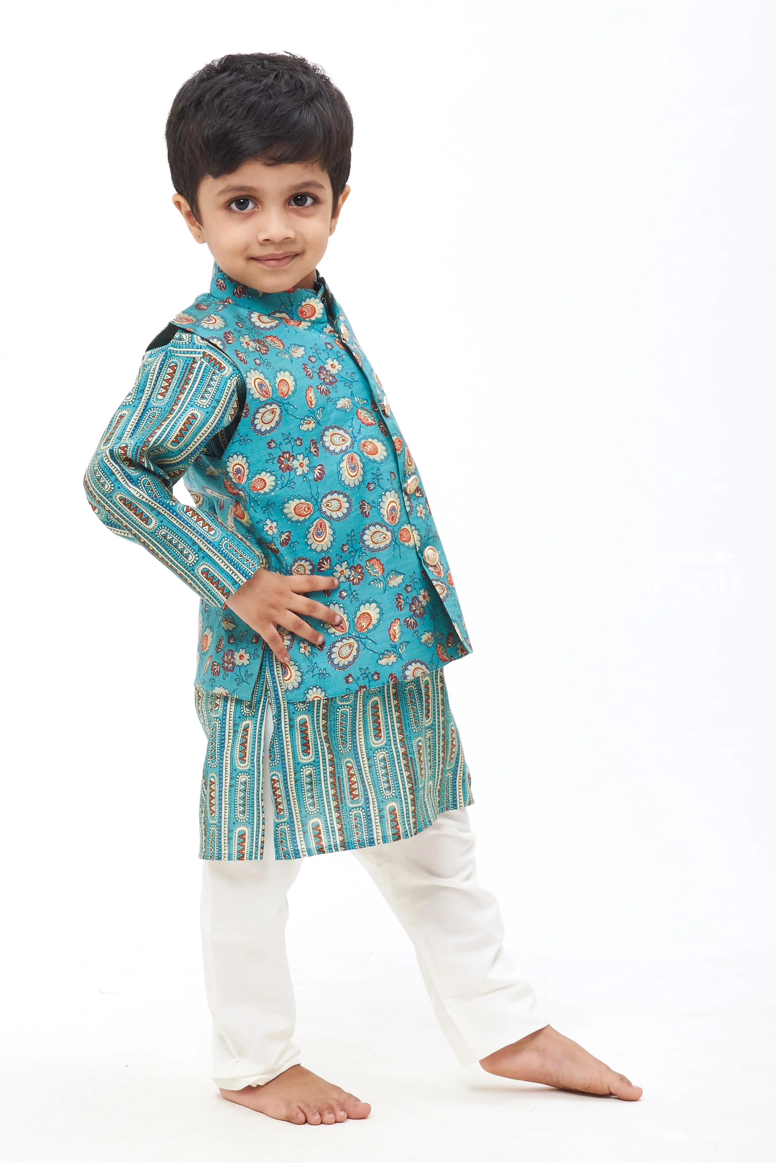 Boys Green Floral Kurta with Overcoat & White Pant Ensemble