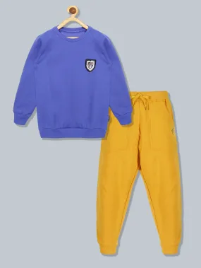 Boys Round Neck Sweatshirt With Applique & Solid Fleece Track Pant Set