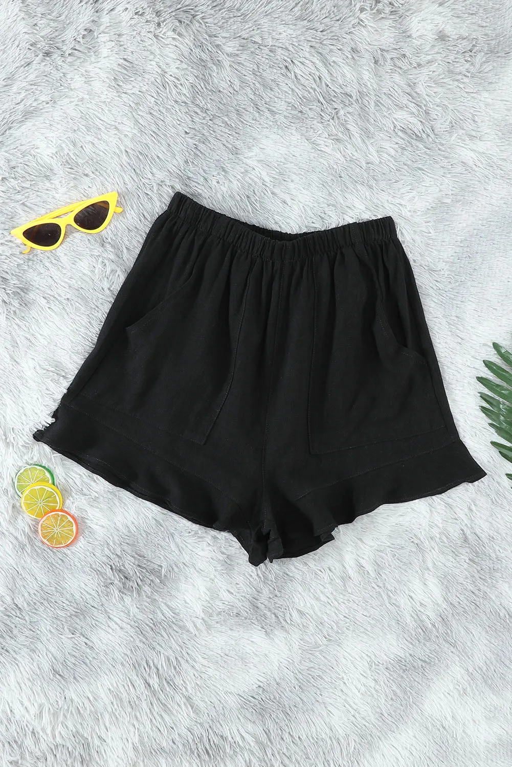 Casual Pocketed Flutter Black Linen Cotton Shorts