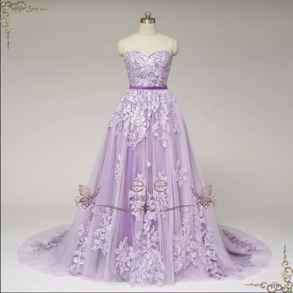 Convertible Purple Lace Wedding Dress with Overskirt | VASPER