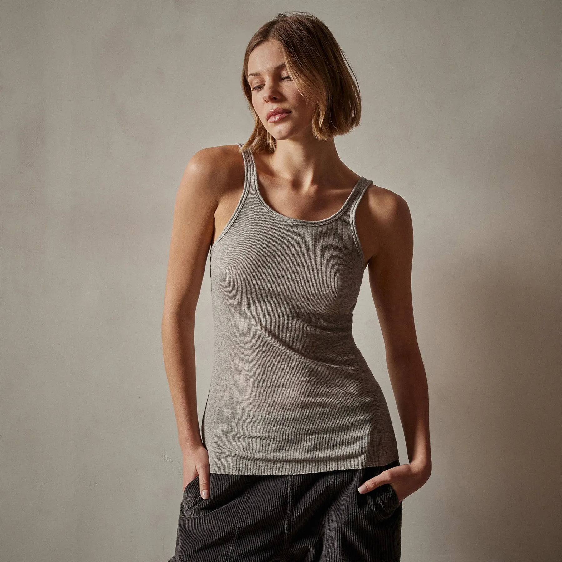 Cotton Cashmere Blend Ribbed Tank - Heather Grey