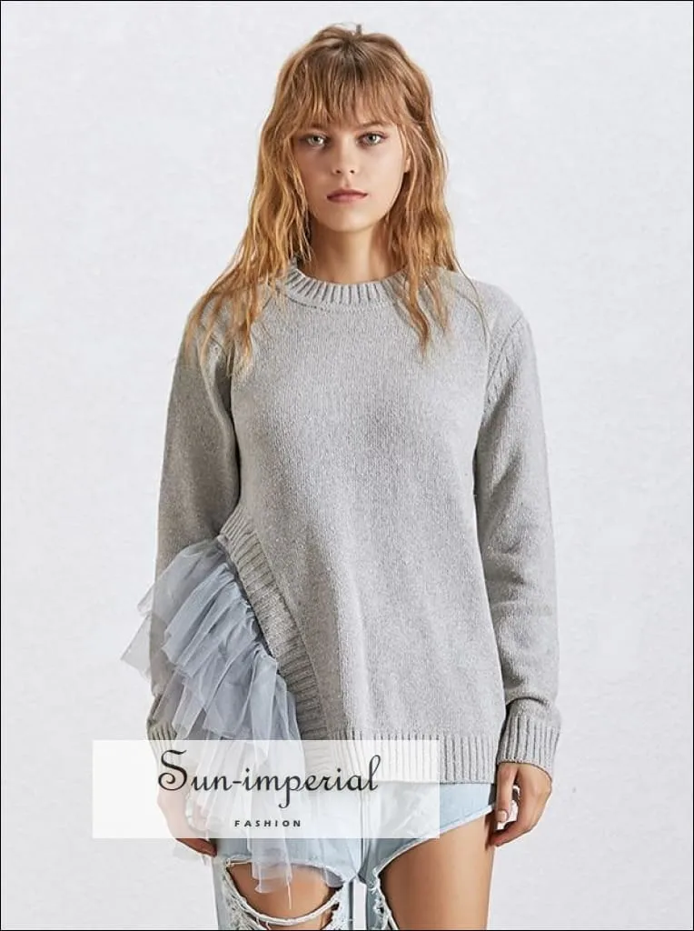 Creteil Sweater - Mesh Ruffles Patchwork Sweater for Women O Neck Long Sleeve Asymmetrical Knitted