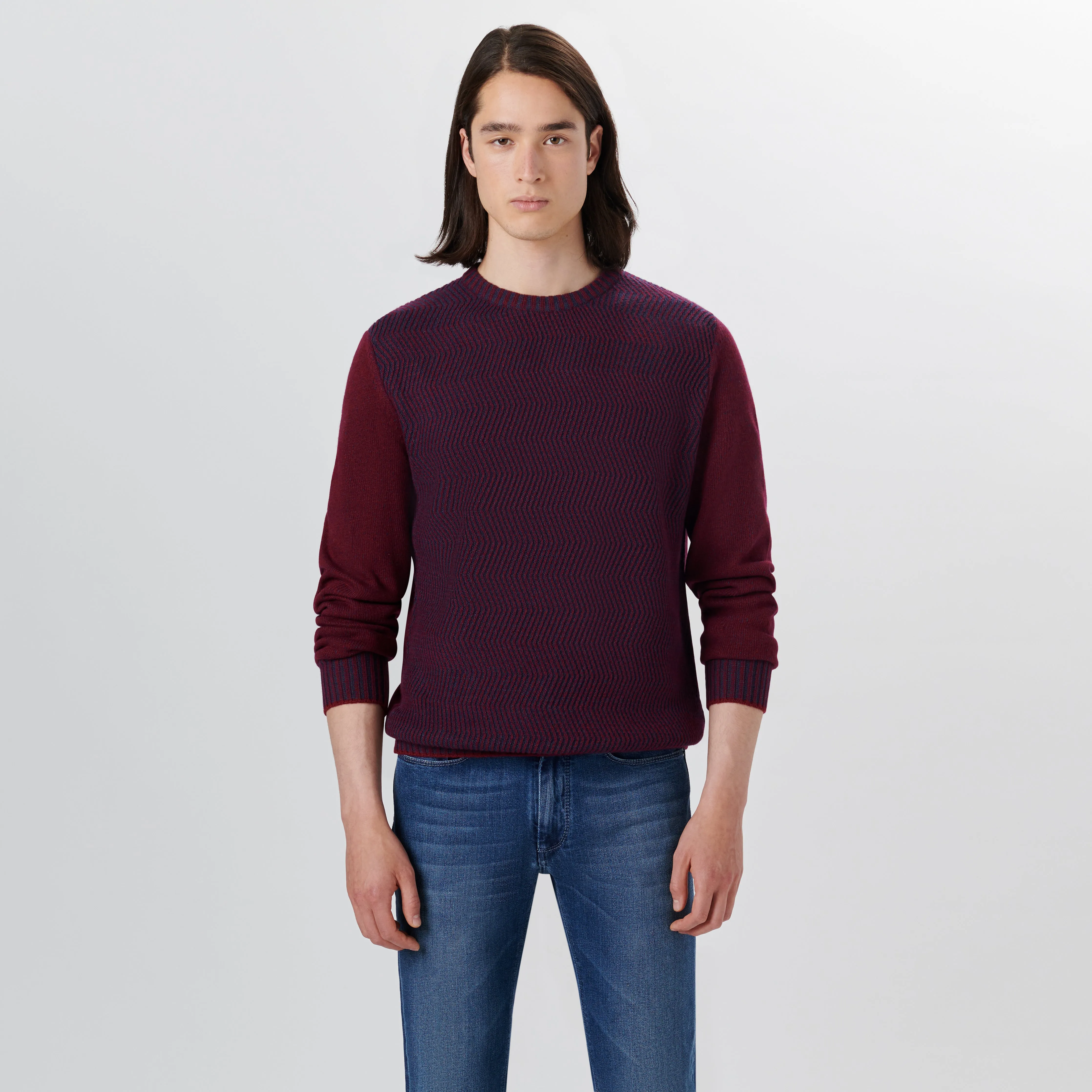 Crew Neck Herringbone Jacquard Sweater