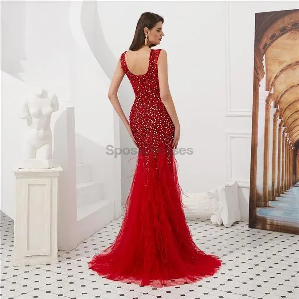 Dark Red Heavily Beaded Feather Mermaid Evening Prom Dresses, Evening Party Prom Dresses, 12098