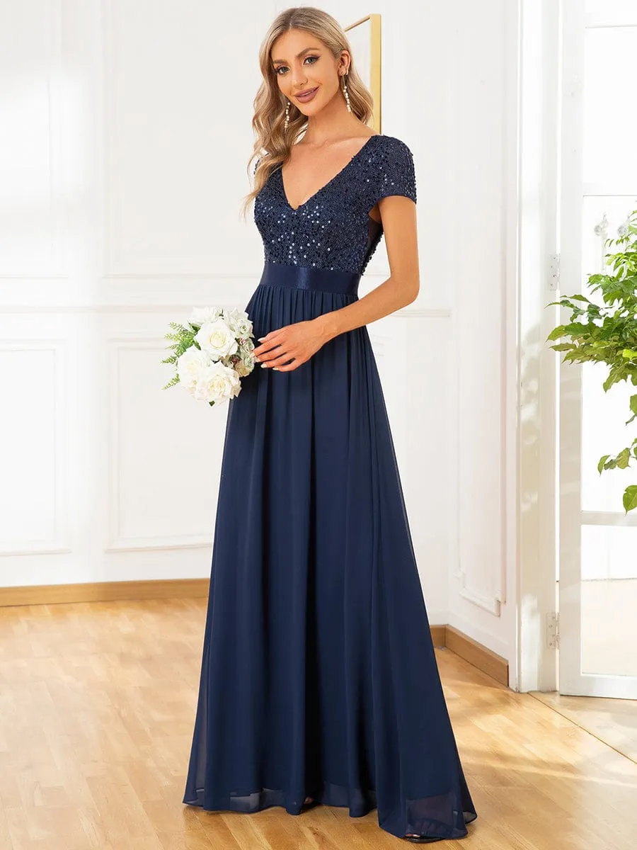 Empire Waist V-Neck Cap Sleeve Chiffon Formal Evening Dress