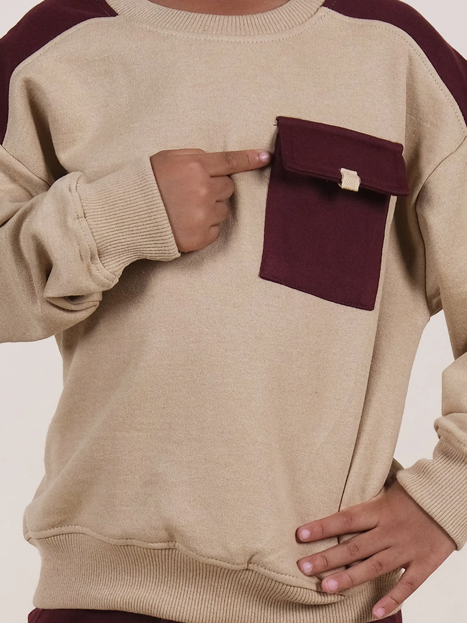 Fleece Drop Shoulder Colour Block Cut & Sew Sweatshirt With Pocket