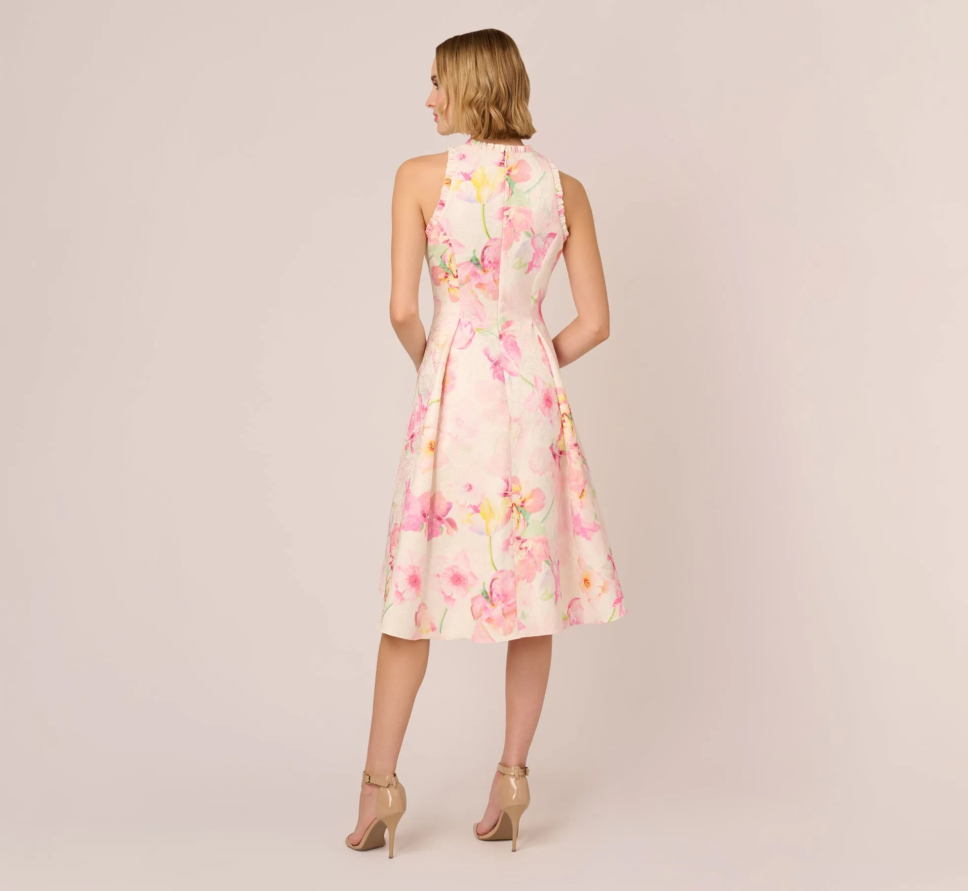 Floral Jacquard High Low Halter Dress With Ruffle Trim In Pink Multi