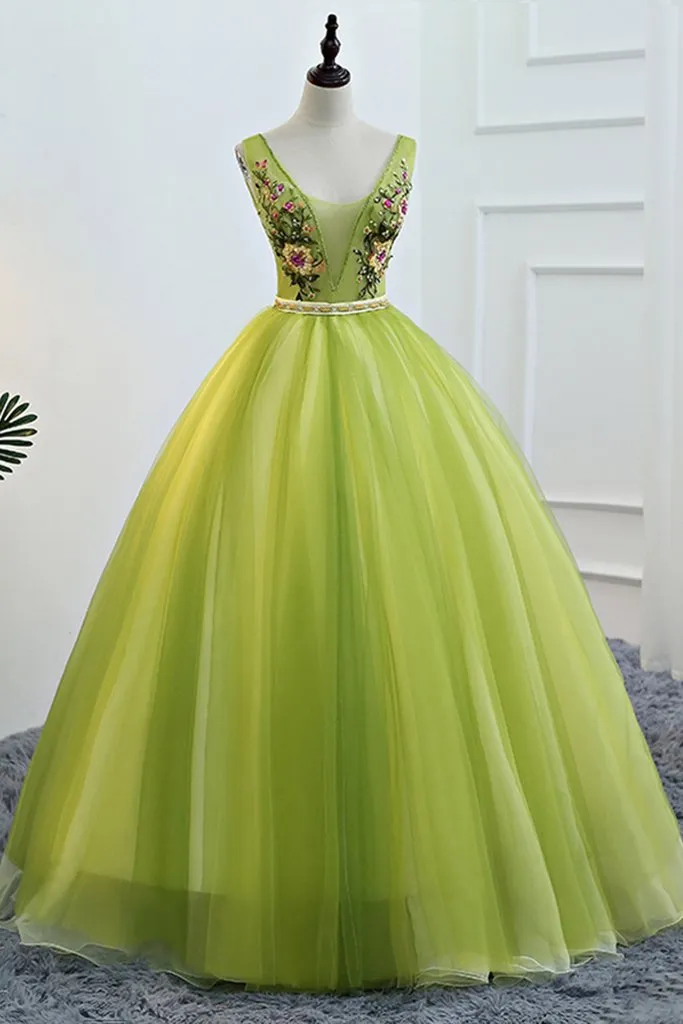 Fresh Green Tulle V Neck Long Lace Up Senior Prom Dress With Applique KS7481