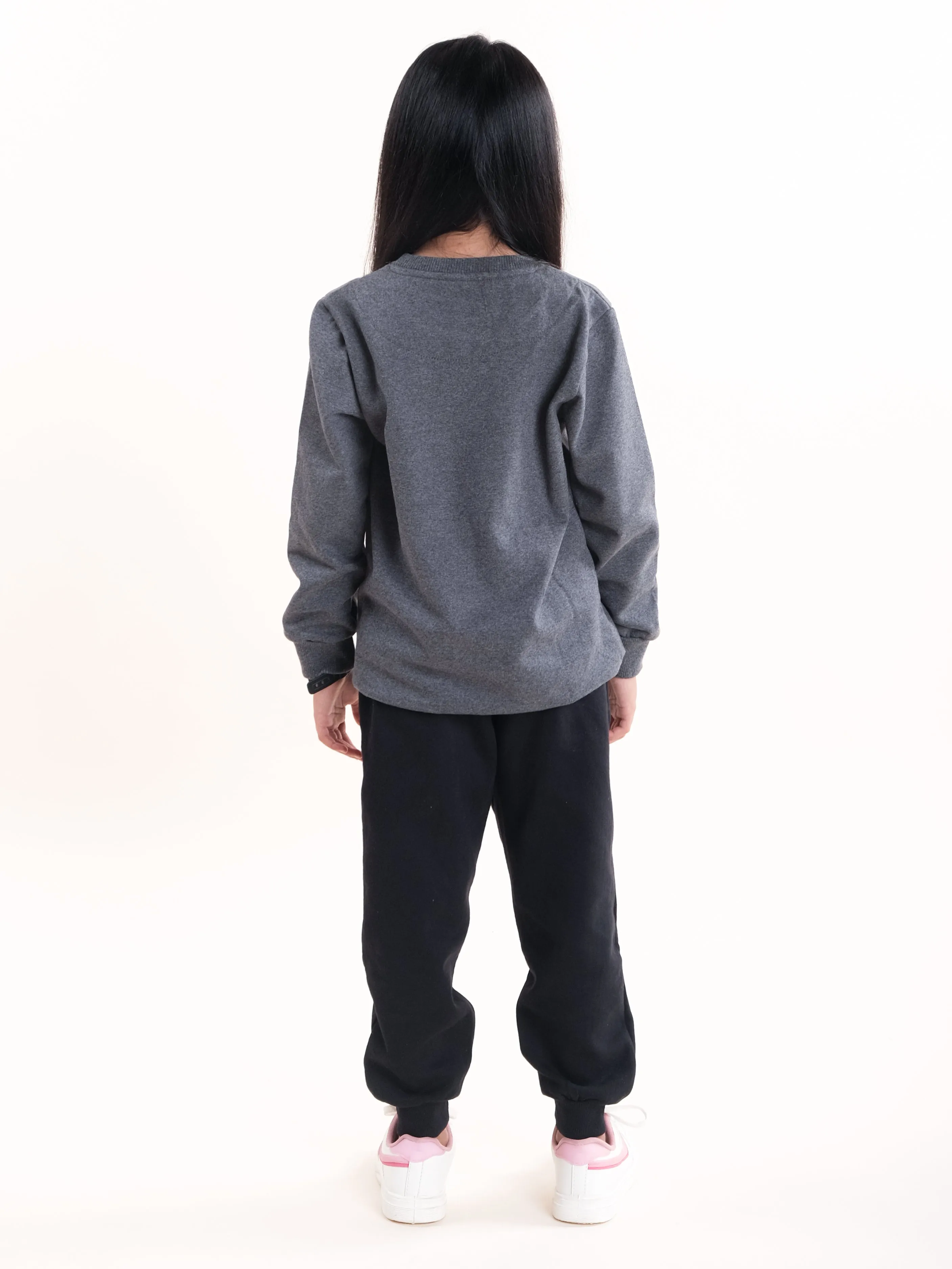 Girls Fleece Printed Round Neck Sweatshirt With Solid Track Pant Set