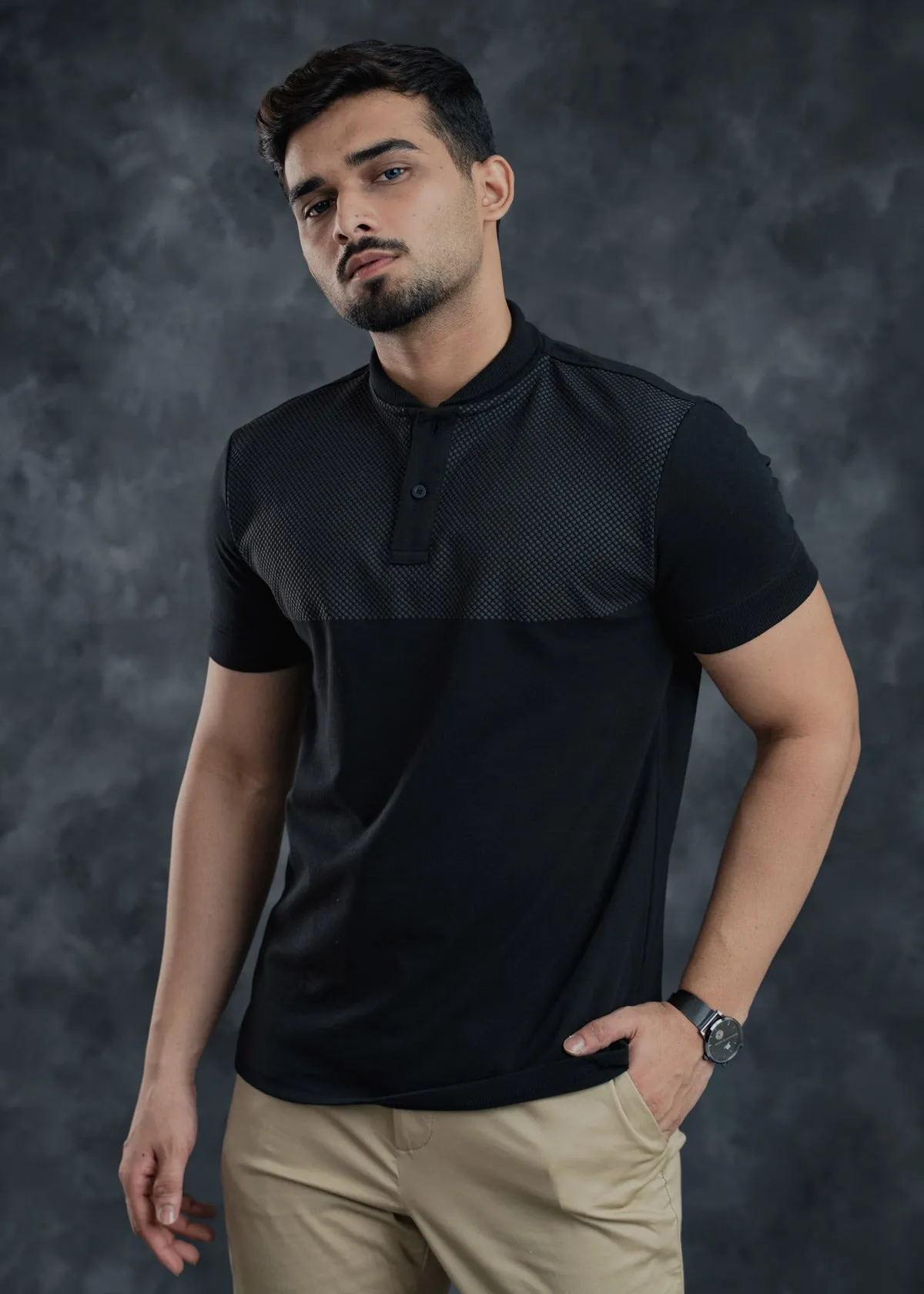 LCY | MANDARIN COLLAR PUFF PRINT POLO