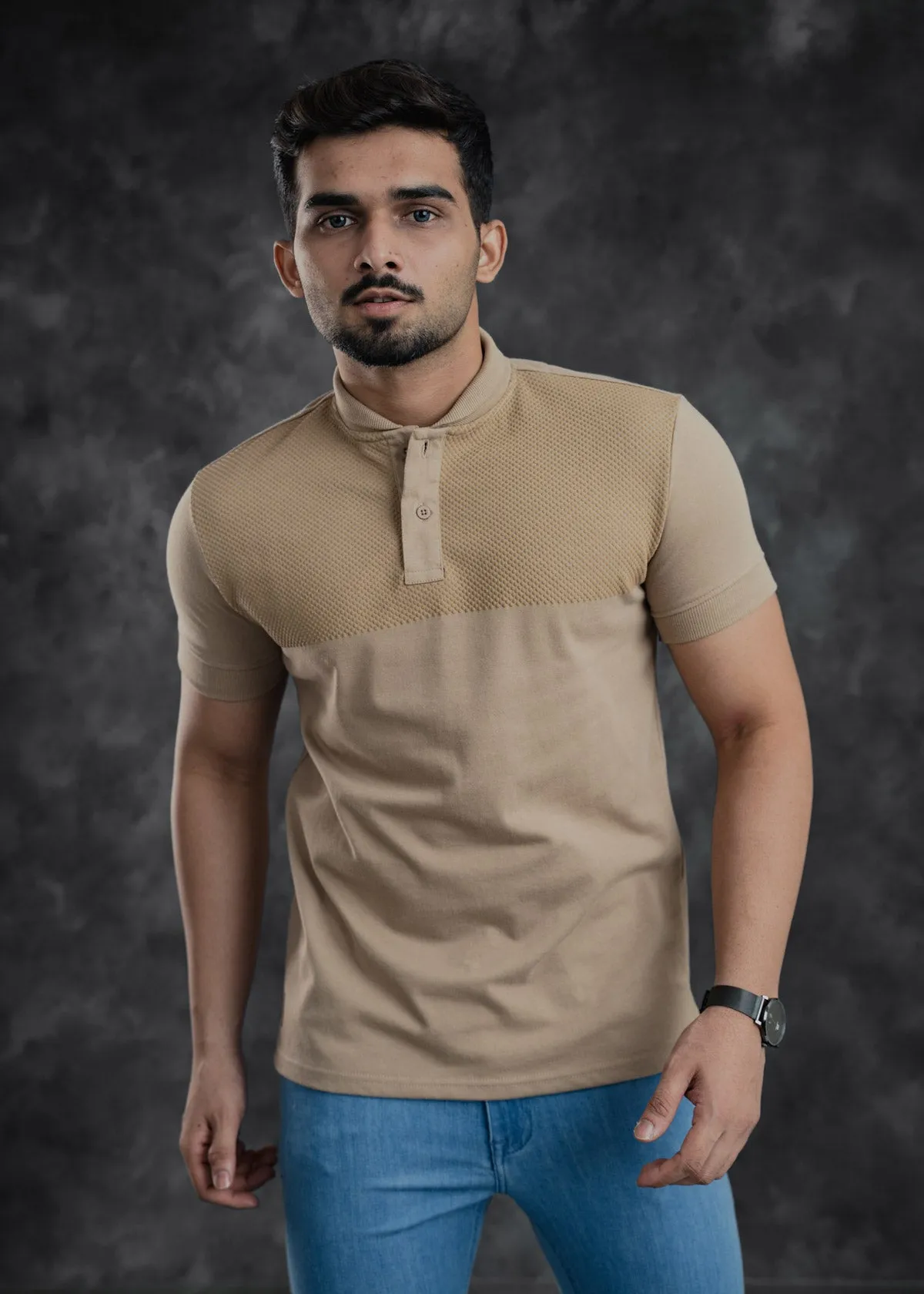 LCY | MANDARIN COLLAR PUFF PRINT POLO