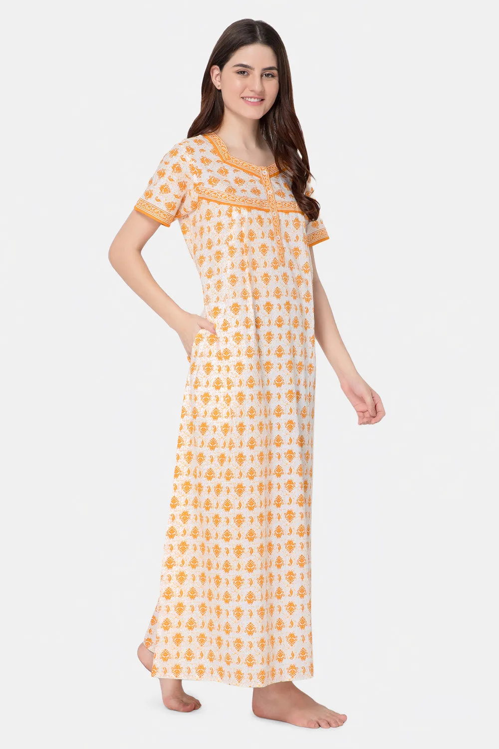 Naidu Hall Round Neck Half Sleeve Front Button Open Nighty - Yellow - NT08