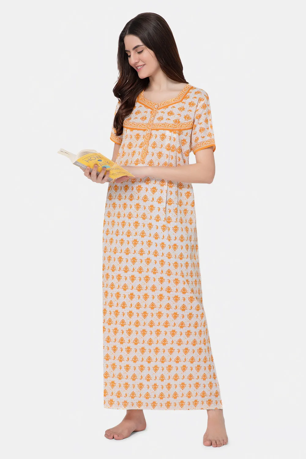 Naidu Hall Round Neck Half Sleeve Front Button Open Nighty - Yellow - NT08