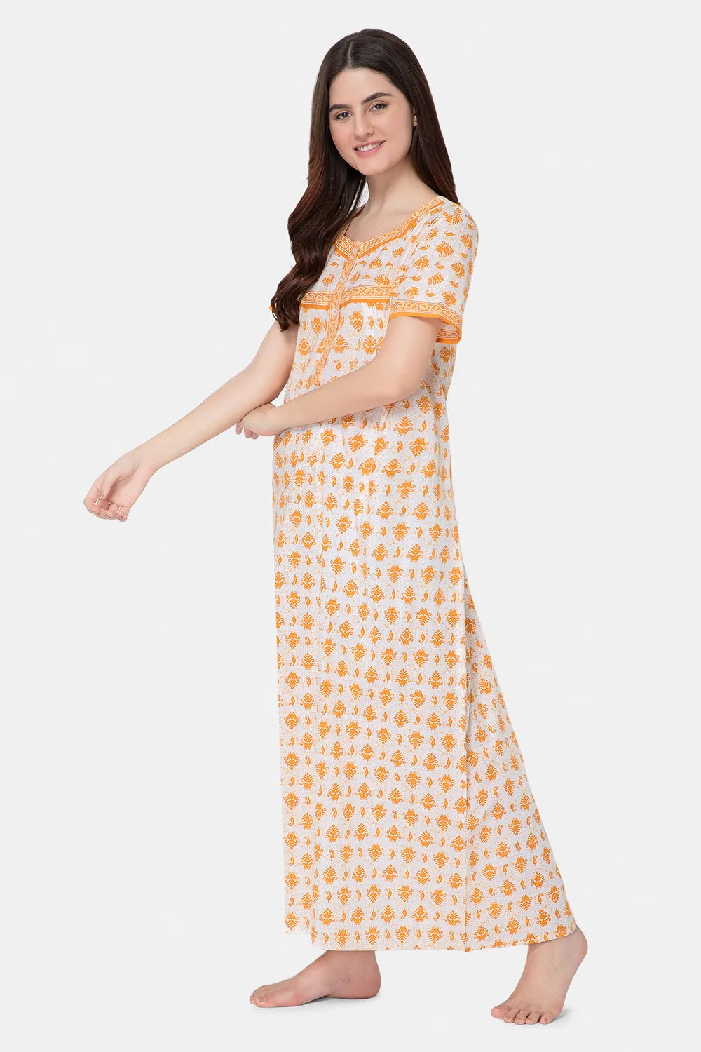 Naidu Hall Round Neck Half Sleeve Front Button Open Nighty - Yellow - NT08