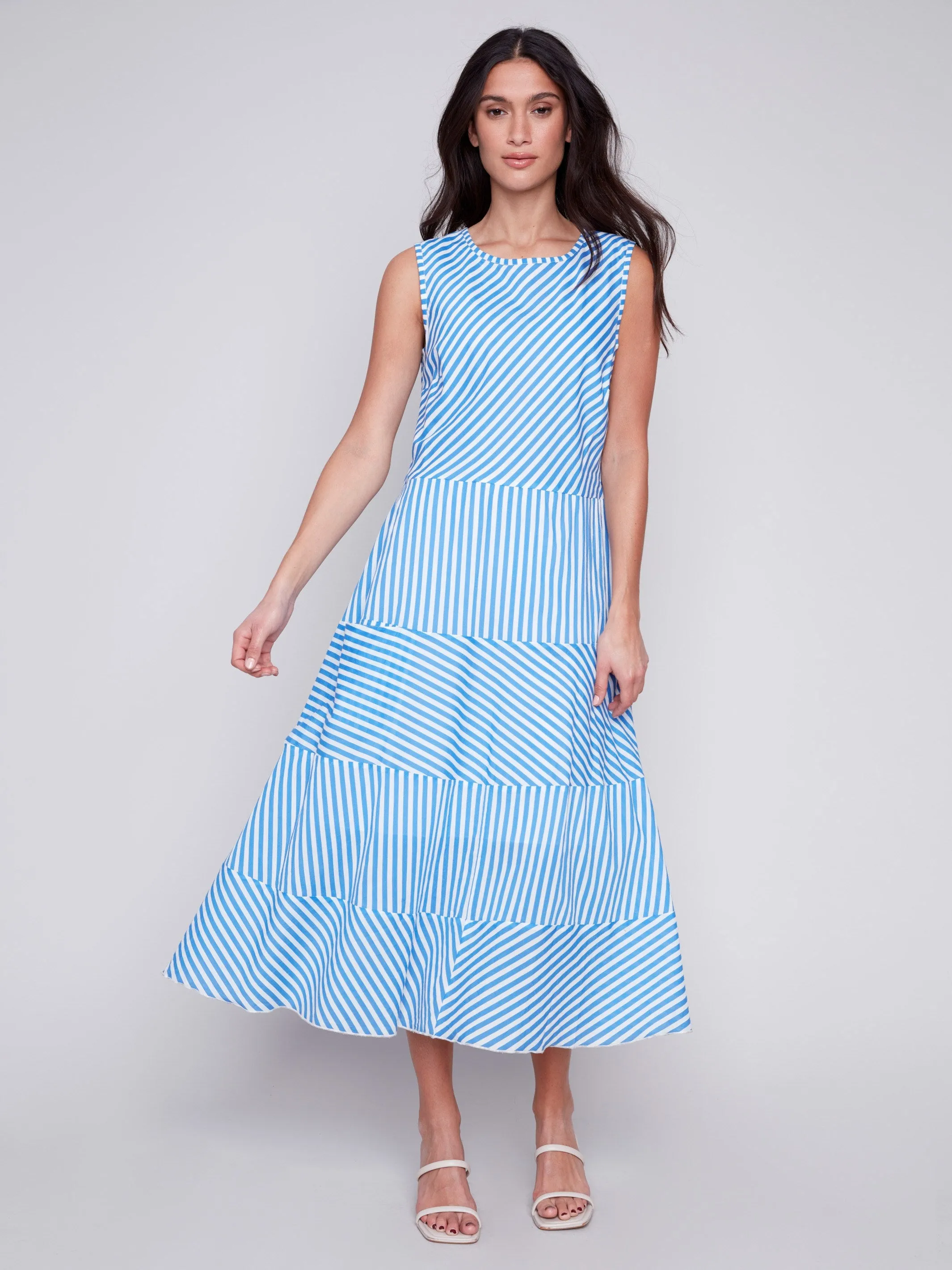 Printed Sleeveless Cotton Voile Dress - Blue