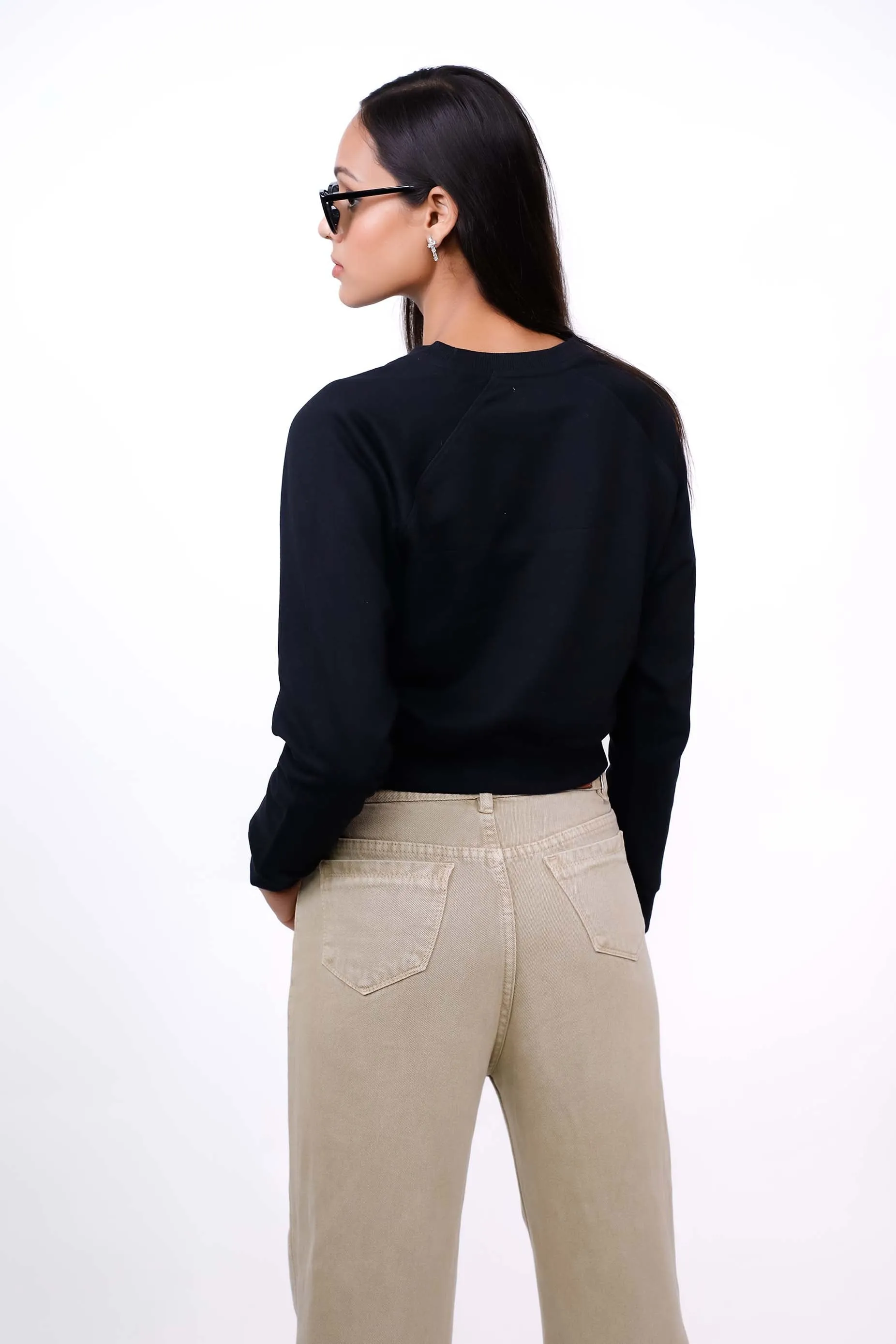 Raglan Sleeve Crop Sweatshirt Black - Fleece