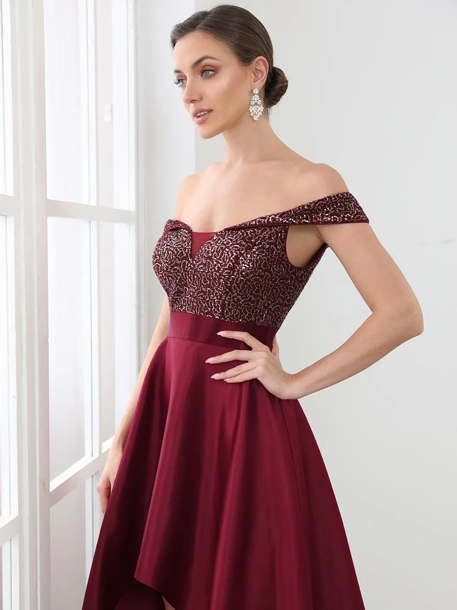 Sequin Off-Shoulder Illusion Sweetheart Ribbon Waist High Low Evening Dress