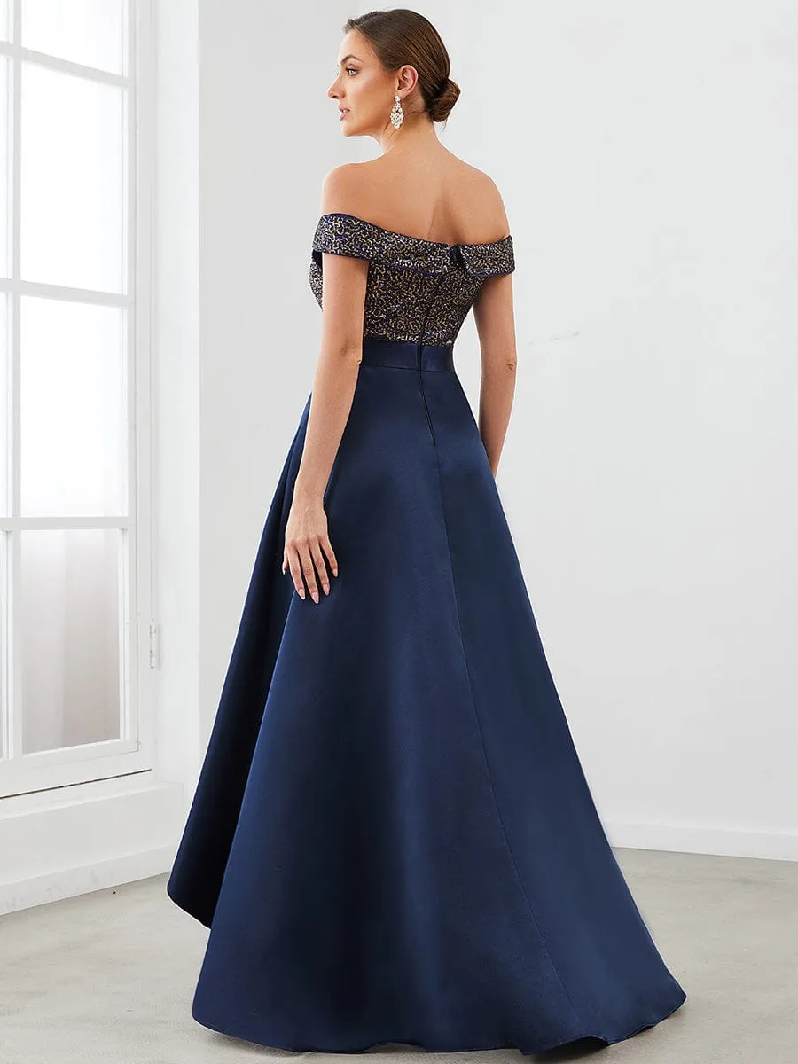 Sequin Off-Shoulder Illusion Sweetheart Ribbon Waist High Low Evening Dress