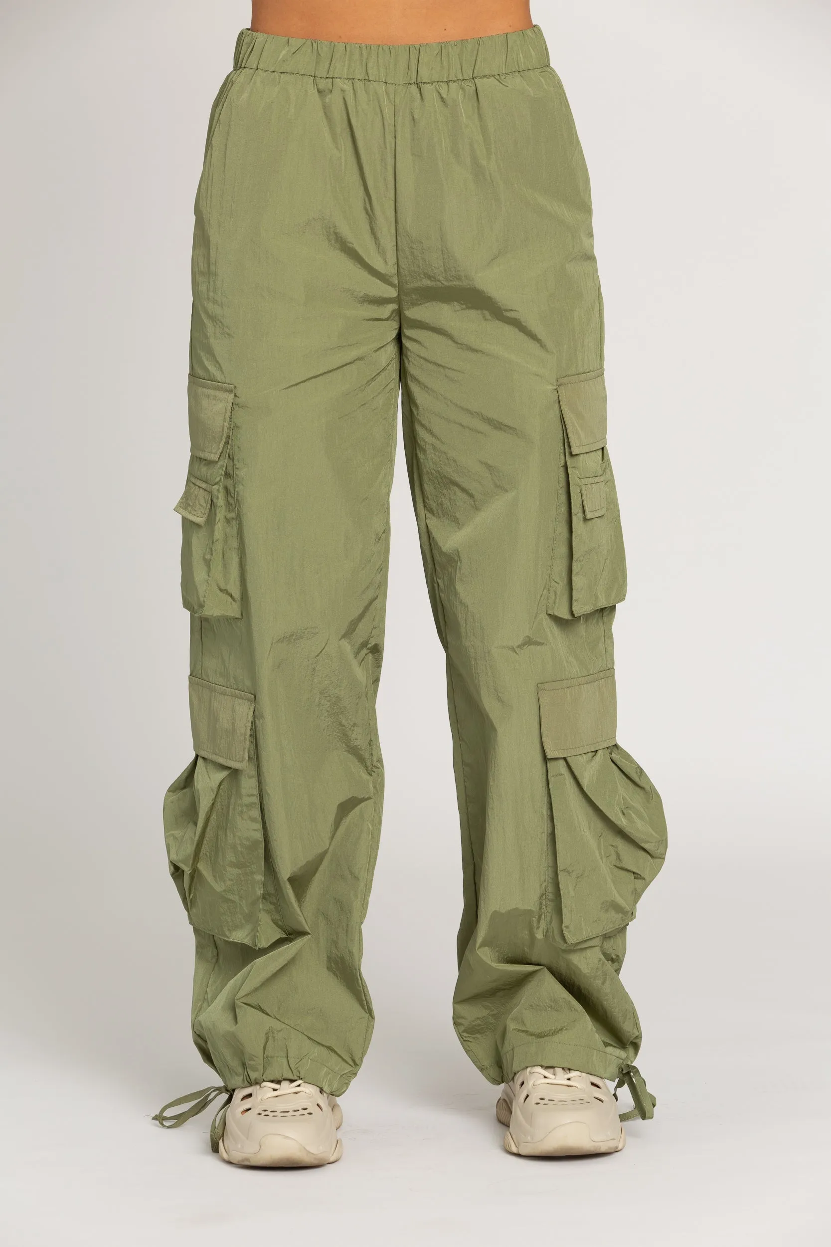 Shiny Olive Green Parachute Pants