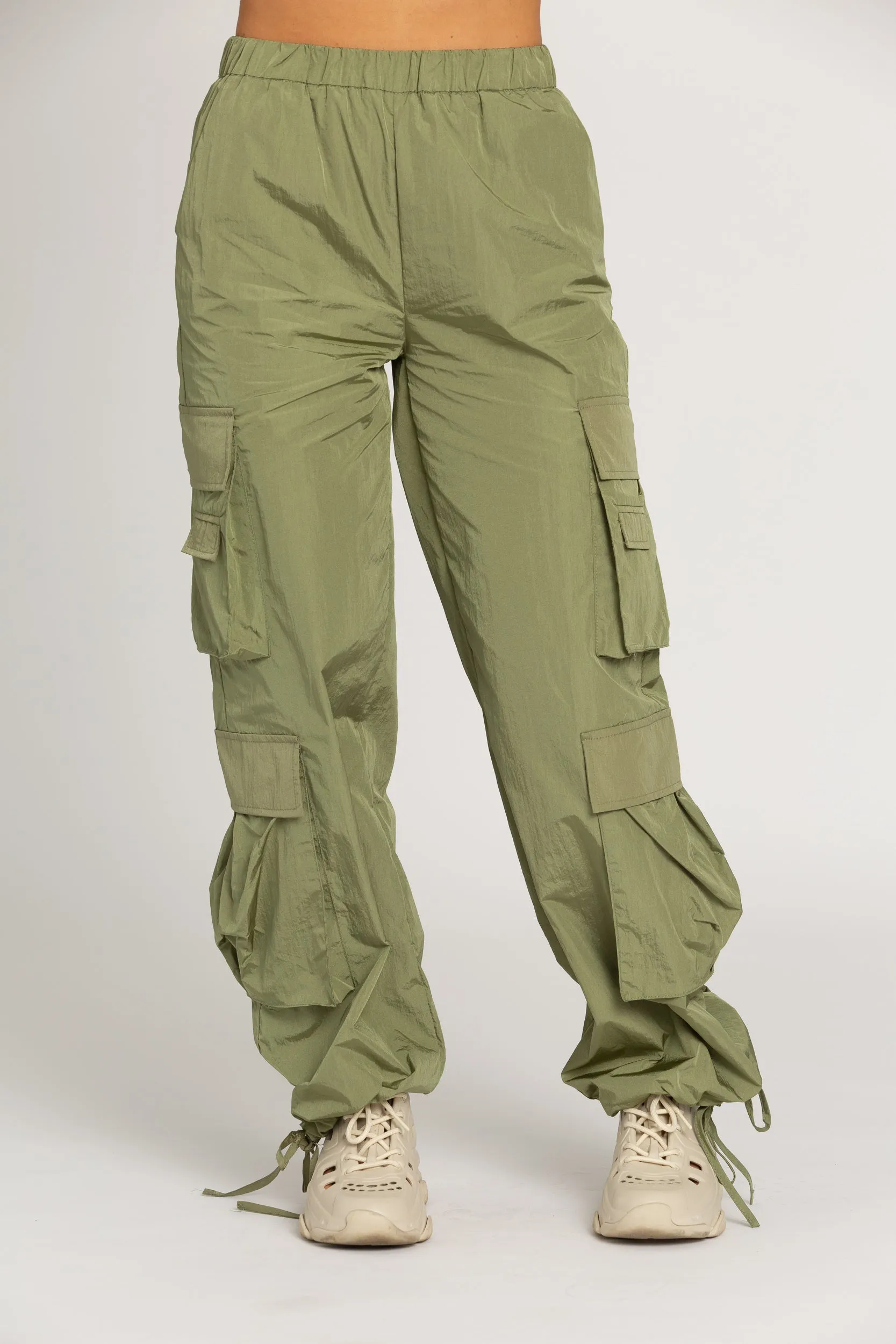 Shiny Olive Green Parachute Pants