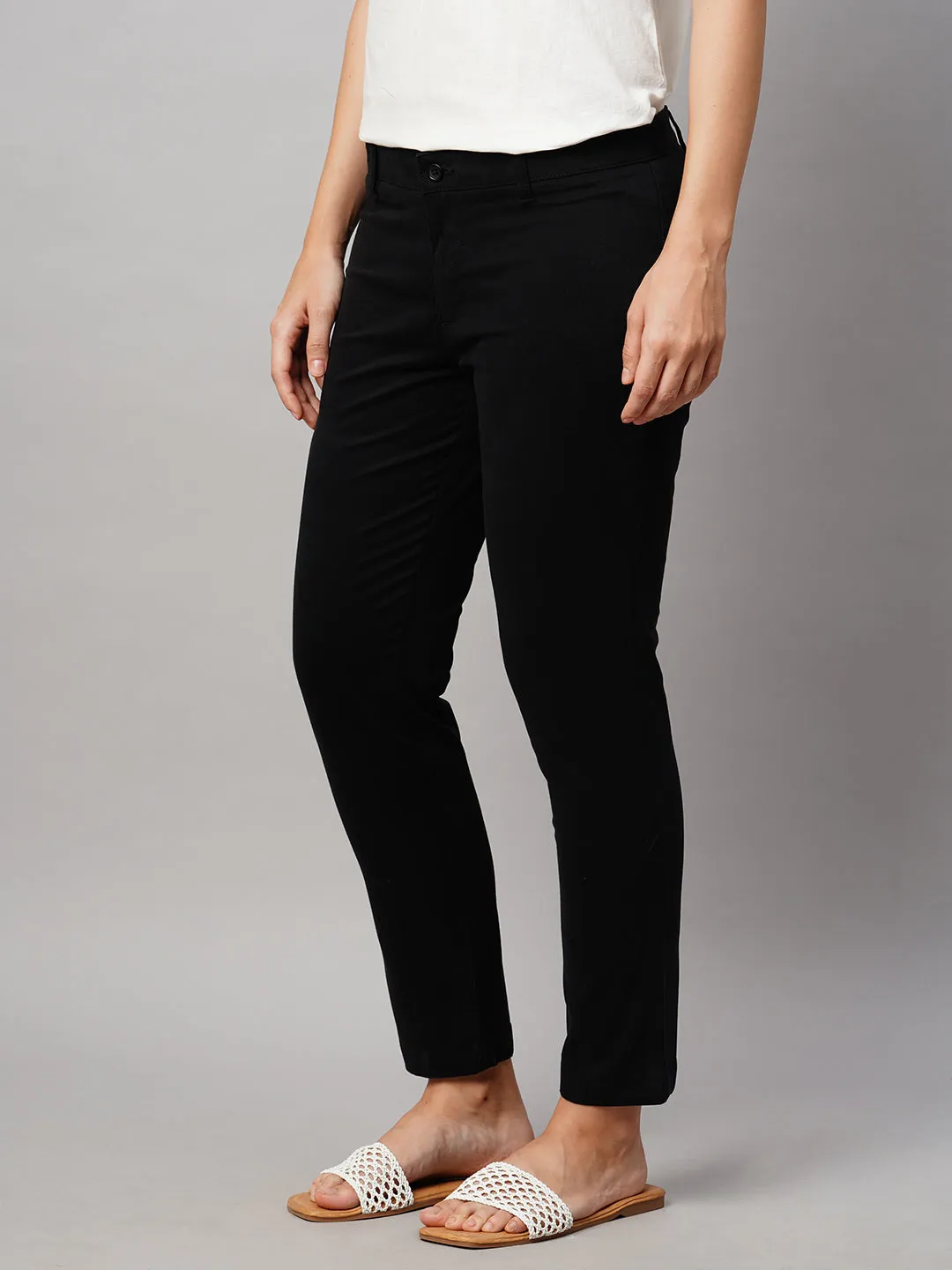 Women's Black Cotton Lycra Regular Fit Pant