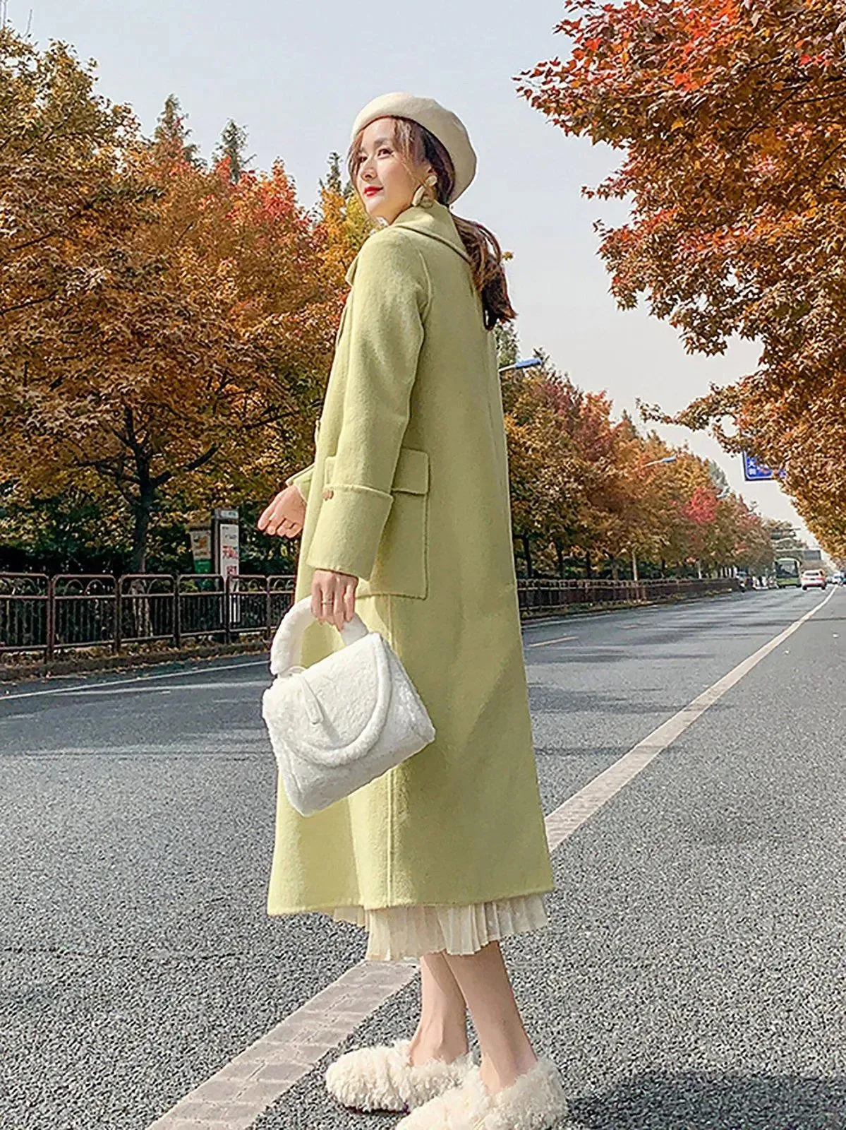 Women's Green Double-Sided wool cashmere coat Loose Oversize Woolen Overcoat Fall Winter Wool Blend Coat Double Breasted Coat Outerwear