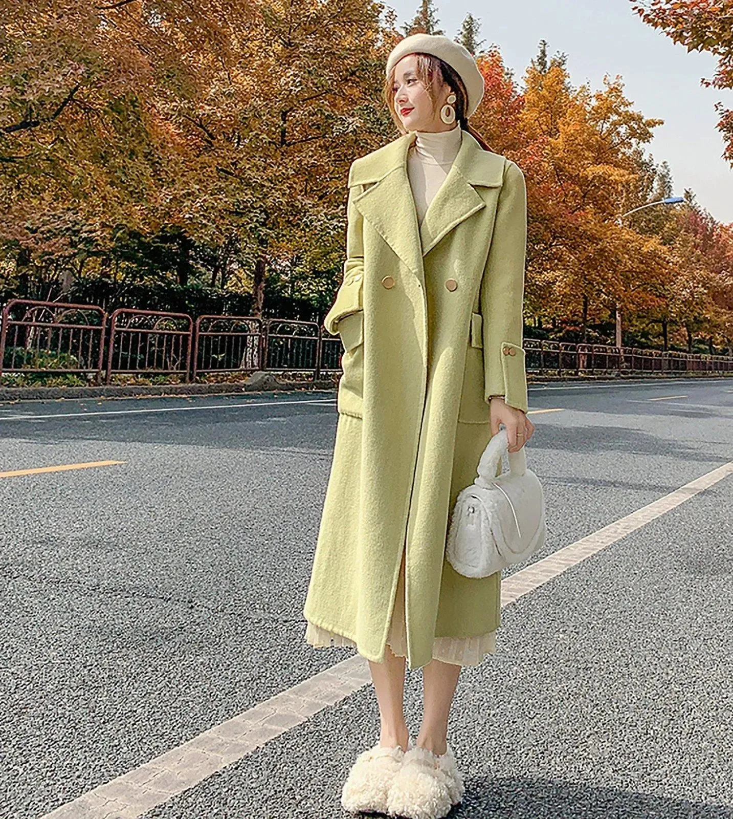 Women's Green Double-Sided wool cashmere coat Loose Oversize Woolen Overcoat Fall Winter Wool Blend Coat Double Breasted Coat Outerwear