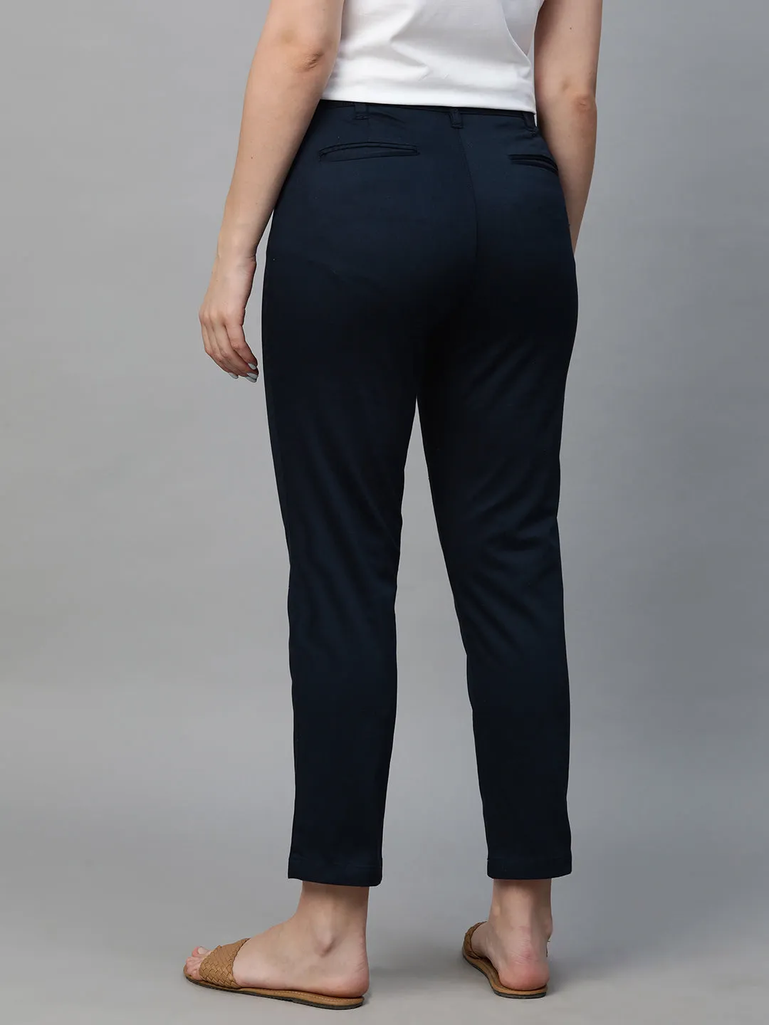 Women's Navy Cotton Lycra Regular Fit Pant