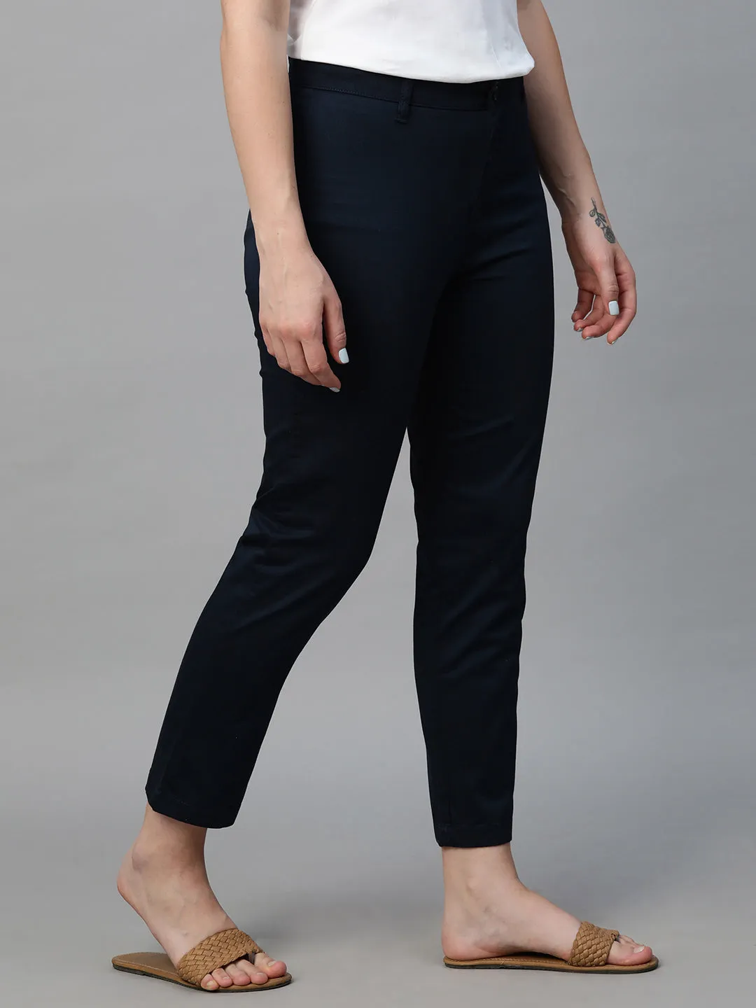 Women's Navy Cotton Lycra Regular Fit Pant