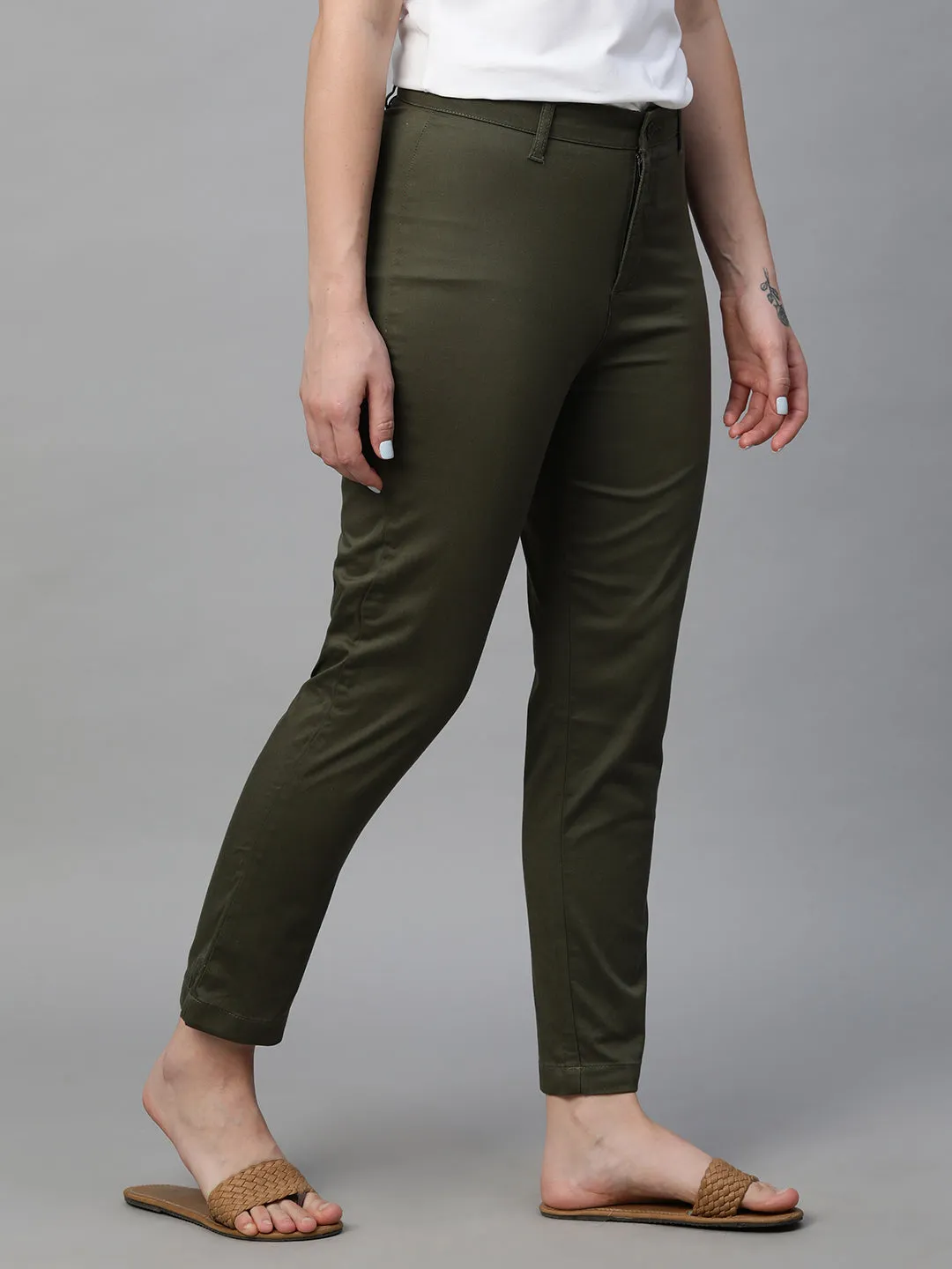 Women's Olive Cotton Lycra Regular Fit Pant