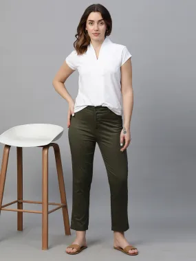 Women's Olive Cotton Lycra Regular Fit Pant