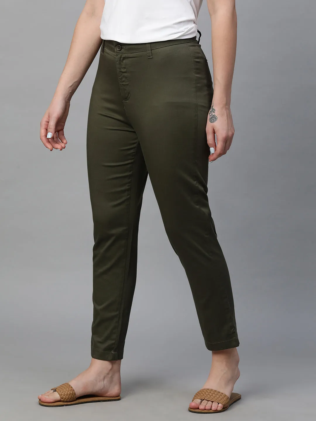 Women's Olive Cotton Lycra Regular Fit Pant